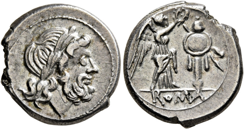 Anonymous, After 218 BC. Victoriatus (Silver, 11 mm, 3.44 g, 2 h), Rome. Laureat...