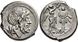 Anonymous, After 218 BC. Victoriatus (Silver, 11 mm, 3.44 g, 2 h), Rome. Laureate head of Jupiter to right. Rev. ROMA Victory standing front, head to ...