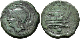 Anonymous, circa 217-215 BC. Uncia (Bronze, 25 mm, 11.31 g, 4 h), Rome. Head of Roma to left, wearing crested Attic helmet; behind, pellet (mark of va...