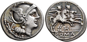 Anonymous, circa 211-210 BC. Quinarius (Silver, 16 mm, 2.13 g, 12 h), uncertain mint in southeast Italy. Head of Roma to right, wearing winged helmet ...