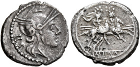 Anonymous, circa 211-208 BC. Sestertius (Silver, 13 mm, 1.00 g, 5 h), Rome. Head of Roma to right, wearing winged helmet; behind, IIS. Rev. ROMA The D...