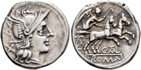C. Aelius, 209-208 BC. Denarius (Silver, 18 mm, 3.83 g, 12 h), Rome. Head of Roma to right, wearing winged helmet; behind, X (mark of value). Rev. C•(...