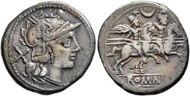 Anonymous, 207 BC. Denarius (Silver, 19 mm, 3.25 g, 6 h). Head of Roma to right, wearing winged helmet ornamented with griffin’s head; behind, X (mark...