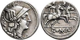 Anonymous, 207 BC. Denarius (Silver, 18 mm, 3.71 g, 4 h), Rome. Head of Roma to right, wearing winged helmet and pendant earring; behind, X (mark of v...
