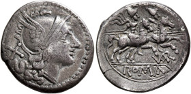 A. Terentius Varro, 206-200 BC. Denarius (Silver, 19 mm, 3.85 g, 6 h), Rome. Helmeted head of Roma to right; behind, X (mark of value). Rev. (VAR) / R...