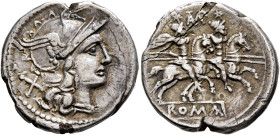 Cn. Baebius Tamphilus, 194-190 BC. Denarius (Silver, 19 mm, 3.68 g, 6 h), Rome. Helmeted head of Roma to right; behind, X (mark of value). Rev. (TAMP)...