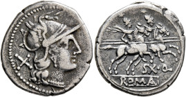 Sex. Quinctilius, 189-180 BC. Denarius (Silver, 19 mm, 3.80 g, 11 h), Rome. Helmeted head of Roma to right; behind, X (mark of value). Rev. SX•Q / ROM...