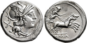 Anonymous, 157-156 BC. Denarius (Silver, 18 mm, 3.73 g, 9 h), Rome. Head of Roma to right, wearing winged helmet, pendant earring and pearl necklace; ...