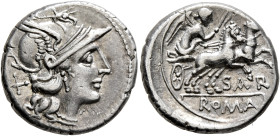 Atilius Saranus, 155 BC. Denarius (Silver, 18 mm, 3.87 g, 6 h), Rome. Head of Roma to right, wearing winged helmet; behind, X. Rev. SAR / ROMA (in tab...