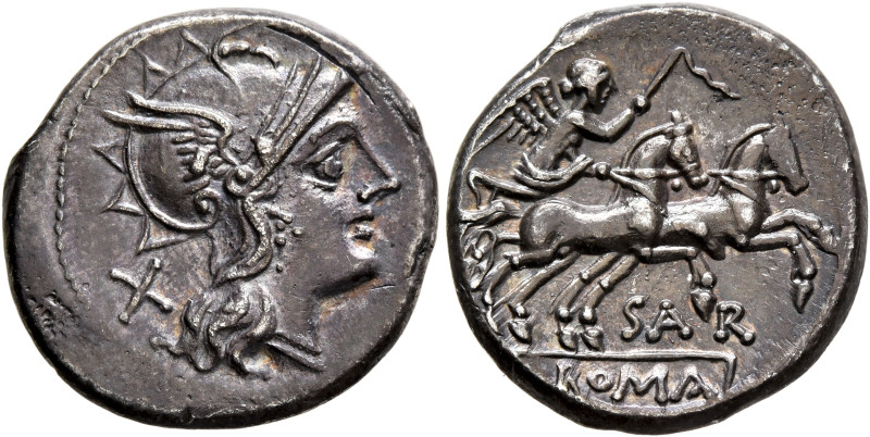 Atilius Saranus, 155 BC. Denarius (Silver, 17 mm, 3.98 g, 3 h), Rome. Head of Ro...