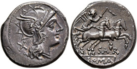 Atilius Saranus, 155 BC. Denarius (Silver, 17 mm, 3.98 g, 3 h), Rome. Head of Roma to right, wearing winged helmet; behind, X (mark of value). Rev. SA...