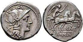 Pinarius Natta, 155 BC. Denarius (Silver, 19 mm, 3.51 g, 4 h), Rome. Head of Roma to right, wearing winged helmet, pendant earring and pearl necklace;...