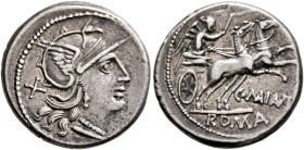 C. Maianius, 153 BC. Denarius (Silver, 18 mm, 3.84 g, 6 h), Rome. Head of Roma to right, wearing winged helmet, pendant earring and pearl necklace; be...
