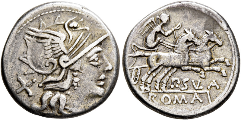Pub. Sulla, 151 BC. Denarius (Silver, 18 mm, 3.74 g, 3 h), Rome. Helmeted head o...