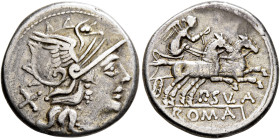Pub. Sulla, 151 BC. Denarius (Silver, 18 mm, 3.74 g, 3 h), Rome. Helmeted head of Roma to right; behind, X (mark of value). Rev. P•S(VL)A / ROMA Victo...