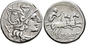 Decimius Flavus, 150 BC. Denarius (Silver, 17 mm, 4.00 g, 4 h), Rome. Helmeted head of Roma to right; behind, X (mark of value). Rev. FLAVS / [R]OMA D...