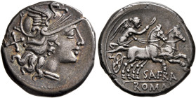 Spurius Afranius, 150 BC. Denarius (Silver, 18 mm, 3.83 g, 7 h), Rome. Head of Roma to right, wearing winged helmet, pendant earring and pearl necklac...