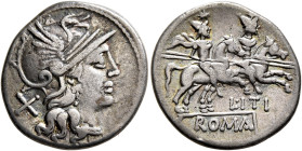L. Iteius, 149 BC. Denarius (Silver, 19 mm, 3.71 g, 12 h), Rome. Head of Roma to right, wearing winged helmet, pendant earring and pearl necklace; beh...