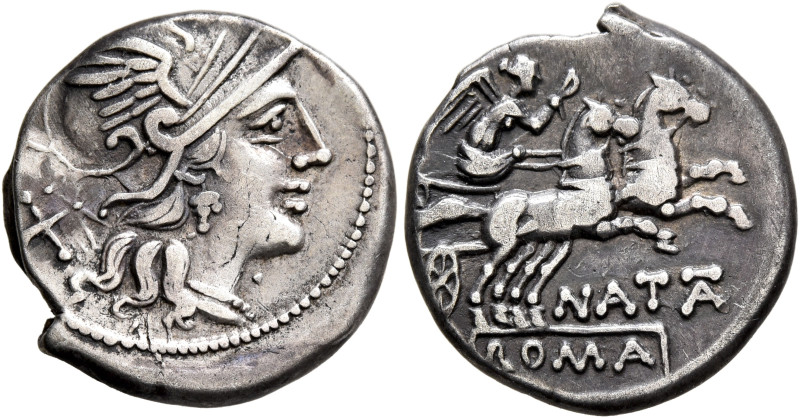 Pinarius Natta, 149 BC. Denarius (Silver, 19 mm, 3.83 g, 4 h), Rome. Head of Rom...