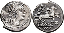 Pinarius Natta, 149 BC. Denarius (Silver, 19 mm, 3.83 g, 4 h), Rome. Head of Roma to right, wearing winged helmet; behind, X (mark of value). Rev. NAT...