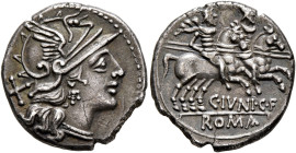 C. Junius C.f, 149 BC. Denarius (Silver, 18 mm, 3.88 g, 12 h), Rome. Head of Roma to right, wearing winged helmet and pendant earring; behind, X (mark...