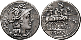 L. Sempronius Pitio, 148 BC. Denarius (Silver, 19 mm, 3.72 g, 6 h), Rome. PITIO Head of Roma to right, wearing winged helmet and pearl necklace; to ri...