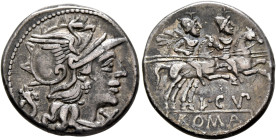 L. Cupiennius, 147 BC. Denarius (Silver, 19 mm, 3.83 g, 3 h), Rome. Head of Roma to right, wearing winged helmet, pendant earring and pearl necklace; ...