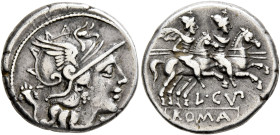 L. Cupiennius, 147 BC. Denarius (Silver, 18 mm, 3.94 g, 1 h), Rome. Head of Roma to right, wearing winged helmet, pendant earring and pearl necklace; ...