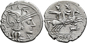 C. Antestius, 146 BC. Denarius (Silver, 19 mm, 3.00 g, 6 h), Rome. C•ANTESTI Head of Roma to right, wearing crested and winged helmet; to right, X (ma...