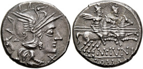 M. Junius Silanus, 145 BC. Denarius (Silver, 18 mm, 3.95 g, 12 h), Rome. Head of Roma to right, wearing winged helmet, pendant earring and pearl neckl...