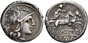 A. Spurilius, 139 BC. Denarius (Silver, 18 mm, 3.88 g, 12 h), Rome. Roma to right, wearing winged helmet, pendant earring and pearl necklace; behind, ...