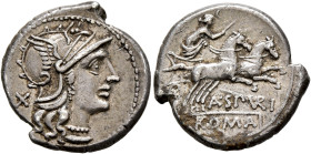 A. Spurilius, 139 BC. Denarius (Silver, 18 mm, 4.00 g, 9 h), Rome. Roma to right, wearing winged helmet, pendant earring and pearl necklace; behind, X...