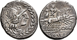 Cn. Gellius, 138 BC. Denarius (Silver, 20 mm, 4.00 g, 12 h), Rome. Head of Roma to right, wearing winged helmet, pendant earring and pearl necklace; b...