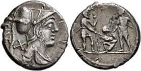 Ti. Veturius, 137 BC. Denarius (Silver, 19 mm, 4.00 g, 3 h), Rome. TI•(VET) Draped bust of Mars to right, wearing crested Corinthian helmet; behind, X...