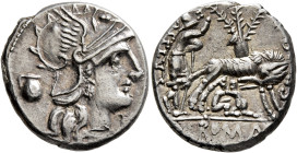 Sex. Pompeius Fostlus, 137 BC. Denarius (Silver, 18 mm, 3.88 g, 12 h), Rome. Helmeted head of Roma right; behind, capis; below chin, [X] (mark of valu...