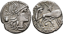 Sex. Pompeius Fostlus, 137 BC. Denarius (Silver, 19 mm, 3.76 g, 6 h), Rome. Head of Roma to right, wearing winged helmet, pendant earring and pearl ne...