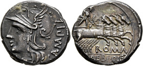 M. Baebius Q.f. Tampilus, 137 BC. Denarius (Silver, 19 mm, 4.00 g, 12 h), Rome. TAMPIL Head of Roma to left, wearing winged helmet; before, [X] (mark ...