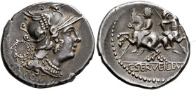 C. Servilius M.f, 136 BC. Denarius (Silver, 21 mm, 3.85 g, 6 h), Rome. ROMA Head of Roma to right, wearing crested and winged helmet; behind, wreath a...