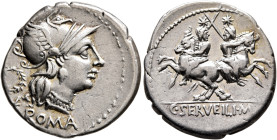 C. Servilius M.f, 136 BC. Denarius (Silver, 20 mm, 3.88 g, 5 h), Rome. ROMA Head of Roma to right, wearing winged helmet, pendant earring and necklace...