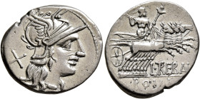 L. Trebanius, 135 BC. Denarius (Silver, 21 mm, 3.70 g, 9 h), Rome. Head of Roma to right, wearing winged helmet, pendant earring and pearl necklace; b...