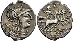 L. Trebanius, 135 BC. Denarius (Silver, 21 mm, 3.80 g, 12 h), Rome. Head of Roma to right, wearing crested and winged helmet; behind, X (mark of value...
