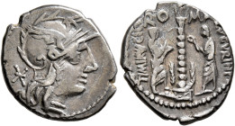 Ti. Minucius C.f. Augurinus, 134 BC. Denarius (Silver, 19 mm, 3.92 g, 3 h), Rome. Head of Roma to right, wearing winged helmet, pendant earring and pe...