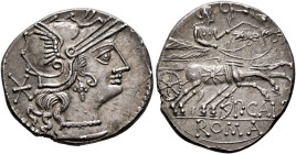 Publius Calpurnius, 133 BC. Denarius (Silver, 21 mm, 3.90 g, 9 h), Rome. Head of Roma to right, wearing winged helmet, pendant earring and pearl neckl...