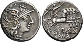 P. Maenius Antiacus M.f, 132 BC. Denarius (Silver, 18 mm, 3.87 g, 6 h), Rome. Head of Roma to right, wearing winged helmet, pendant earring and pearl ...