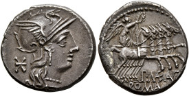 P. Maenius Antiacus M.f, 132 BC. Denarius (Silver, 19 mm, 3.86 g, 4 h), Rome. Head of Roma to right, wearing winged helmet, pendant earring and pearl ...