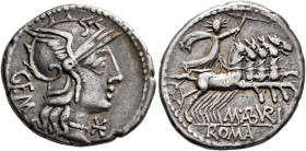 M. Aburius M.f. Geminus, 132 BC. Denarius (Silver, 20 mm, 3.86 g, 7 h), Rome. Head of Roma to right, wearing winged helmet, pendant earring and pearl ...