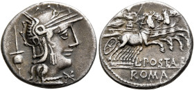L. Postumius Albinus, 131 BC. Denarius (Silver, 18 mm, 3.73 g, 7 h), Rome. Head of Roma to right, wearing crested and winged helmet; behind, apex; to ...