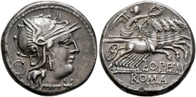 L. Opimius, 131 BC. Denarius (Silver, 17 mm, 3.83 g, 8 h), Rome. Head of Roma to right, wearing crested and winged helmet; behind, wreath; below chin,...