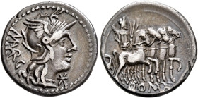 M. Vargunteius, 130 BC. Denarius (Silver, 20 mm, 3.88 g, 4 h), Rome. M (VAR)G Head of Roma to right, wearing winged helmet, pendant earring and pearl ...