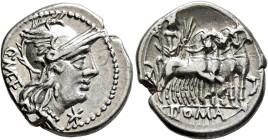 Q. Caecilius Metellus, 130 BC. Denarius (Silver, 19.2 mm, 3.90 g, 1 h), Rome. Q•(ME)(TE) Helmeted head of Roma to right; below her chin, star (mark of...